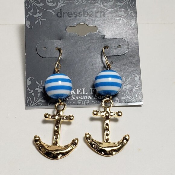 Women's Polished Gold tone Anchor White & Blue Beads Drop Dangle Earrings - Picture 4 of 7